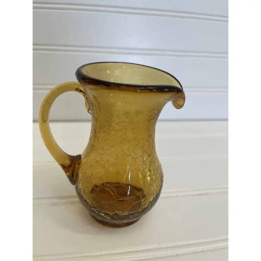 Vintage Pitcher Vessel Cottagecore MCM Amber Crackle Glass 4 1/4